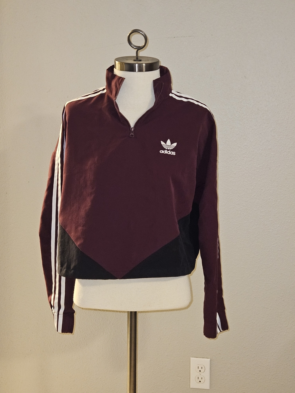 adidas Classic Burgundy and Black Athletic Cropped Jacket